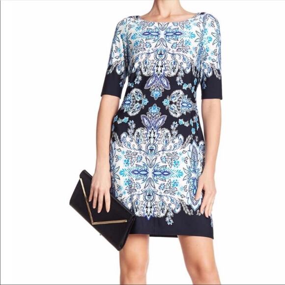 Eliza J Women's Navy/White Elbow Sleeve Lined All Over Print Sheath Dress sz 4 - Picture 1 of 5